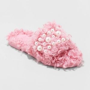 Cat & Jack Girls' Adeline Slip-On Fuzzy Pearl Embellished Slide Slippers Pink